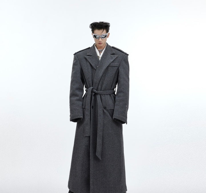 Woolen Lace-up Design Sense Overknee Long Coat For Men