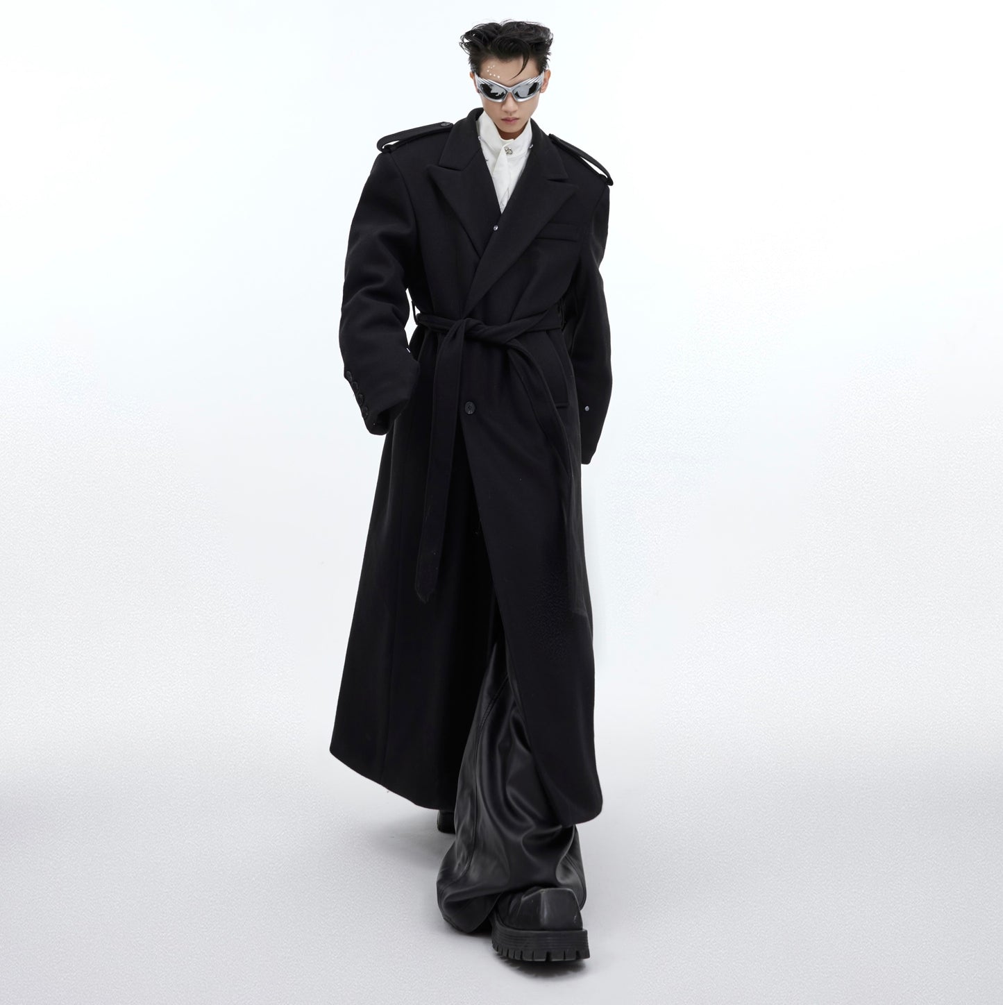 Woolen Lace-up Design Sense Overknee Long Coat For Men