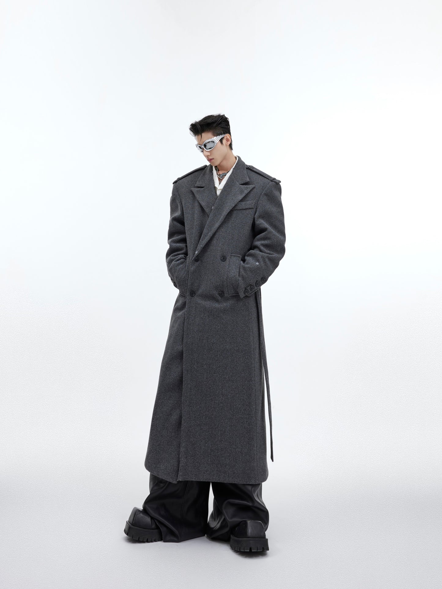 Woolen Lace-up Design Sense Overknee Long Coat For Men