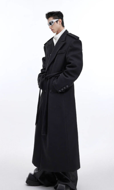 Woolen Lace-up Design Sense Overknee Long Coat For Men