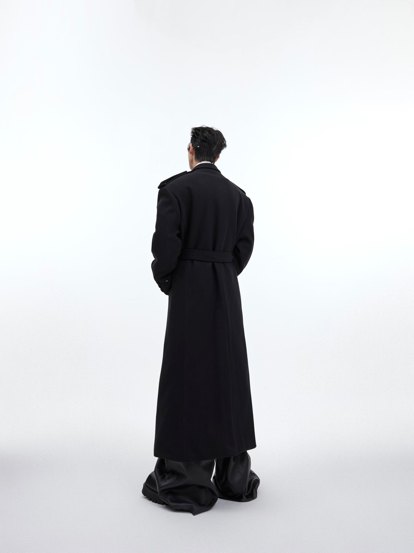 Woolen Lace-up Design Sense Overknee Long Coat For Men